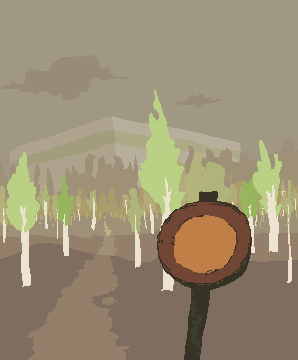 drawing of a young birch forest, stretching toward the horizon. there's a 'no entry' streetsign in front, and a warehouse behind the treeline.