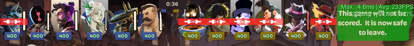 36 seconds in, more than half the players have disconnected, and the game is declared safe to leave.