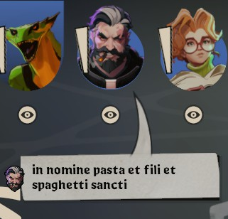 Venator (in-game) (he's like a vatican priest crossbow secret agent thing): in nomine pasta et fili et spaghetti sancti