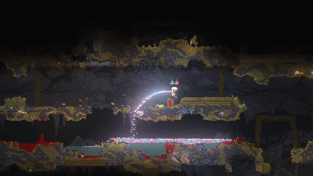 Thistle puring a bottle of sparkling fluid into big puddles of water and blood (in-game screenshot)