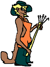 bigcat lady with a rake wearing an orange clothing