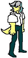 buff person in white shirt and blue highlights