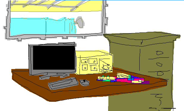 drawing of a desk with a mirror above it, in which you can see some curtains and a bit of the ceiling.