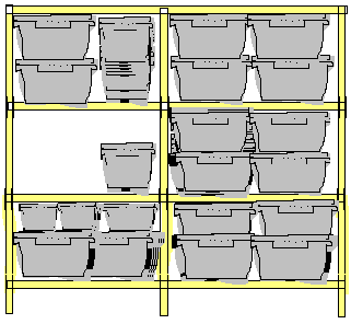 bunch of grey boxes stapled in a cheap wooden shelf